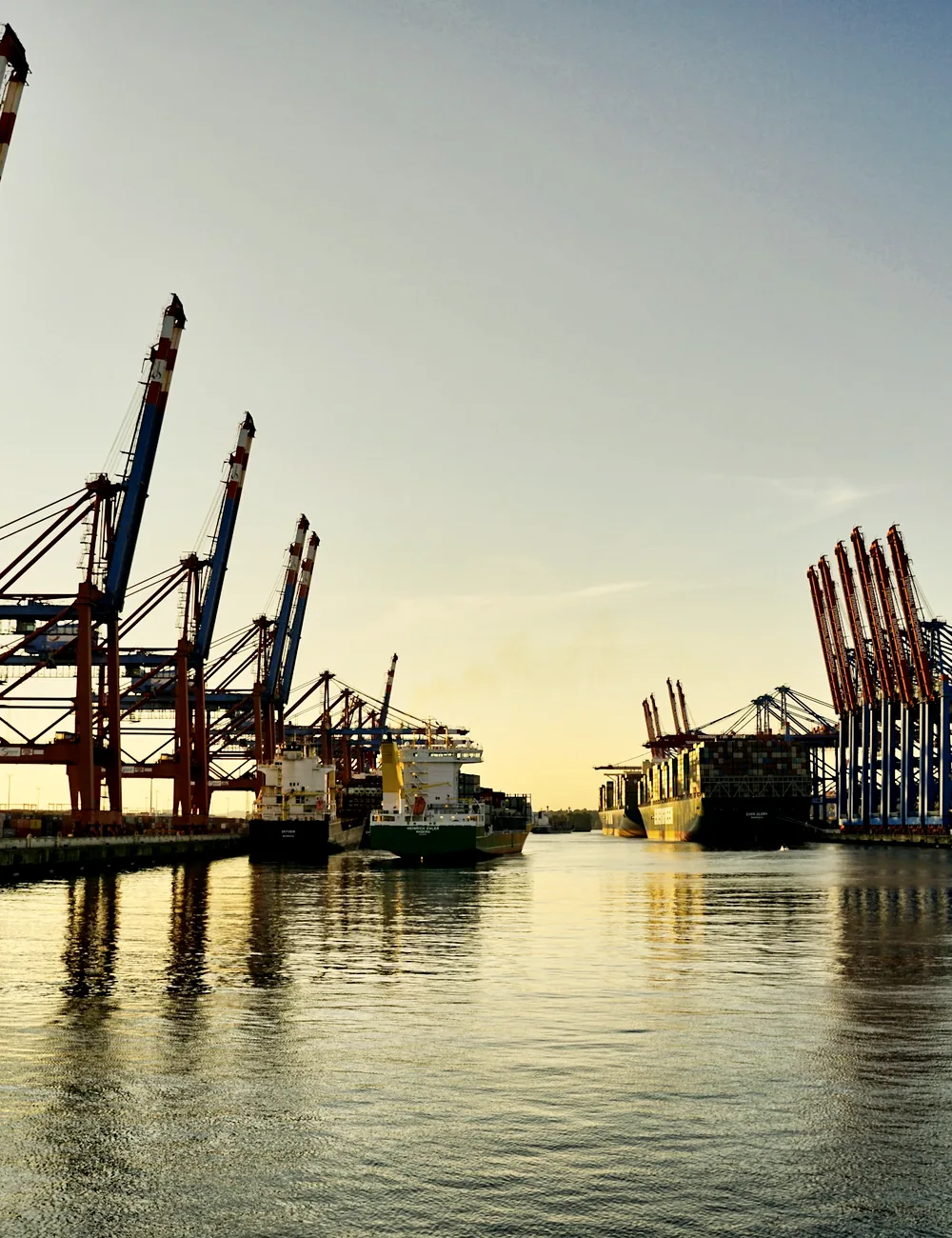 Container port cranes at golden hour
